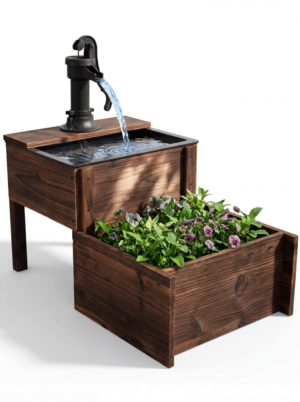 Outdoor Solar Wood Hand Pump Water Fountain with Flower Box