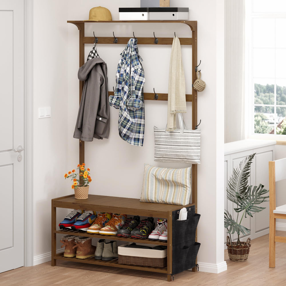 Bamboo Hall Tree with Bench, Shoe Storage & 14 Coat Hooks