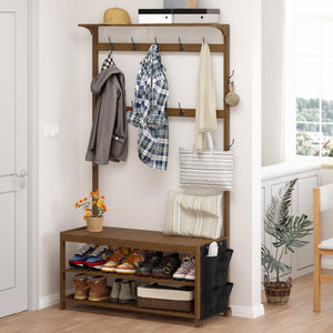 Bamboo Hall Tree with Bench, Shoe Storage & 14 Coat Hooks