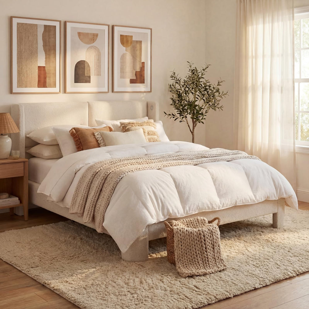 Full Upholstered Boucle Platform Bed Frame with Headboard & USB Ports