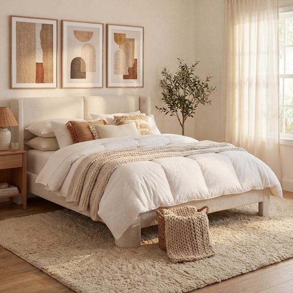 Full Upholstered Boucle Platform Bed Frame with Headboard & USB Ports