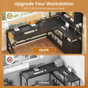 L-Shaped Gaming Desk with Bookshelf, Glass Cabinet, LED Lights, Drawers & Power Strip