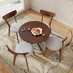 5-Piece Round Dining Table Set with 4 Chairs – Rubber Wood Legs, Brown