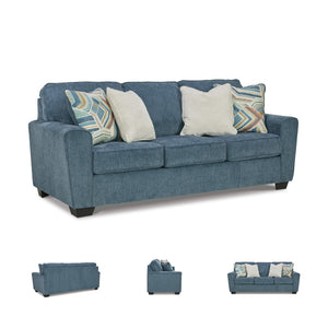 Blue Crosshatch Casual Sofa with Accent Pillows