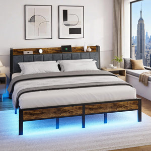 King Bed Frame with LED Lights, USB Charging & Storage Headboard