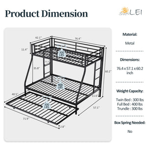 Twin Over Full Bunk Bed with Trundle – Metal Frame, Guardrails & Ladder