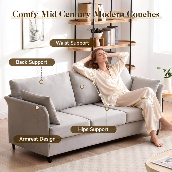 65" Mid-Century Modern Loveseat Sofa – Linen 3-Seater, Silvery Grey