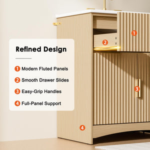 30-Inch Fluted Bathroom Vanity with Ceramic Sink and Storage Cabinet