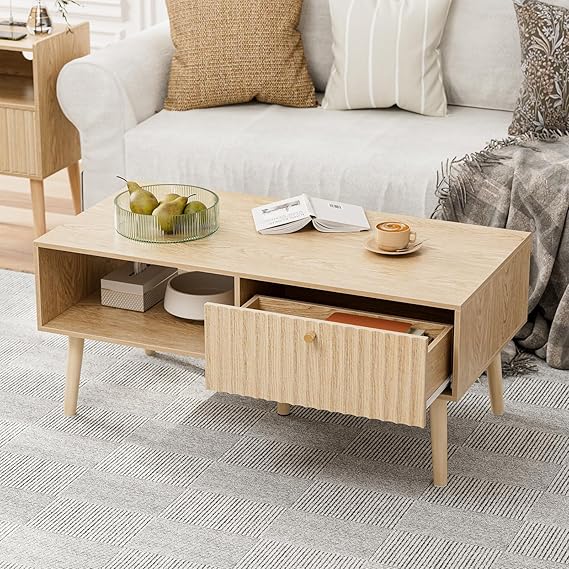 Fluted Door Coffee Table with Storage & Solid Wood Legs