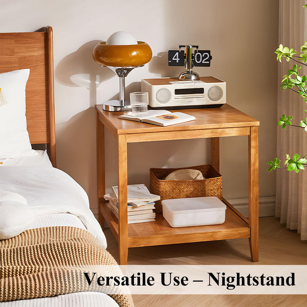 Solid Wood Square End Table with 2-Tier Storage Shelf