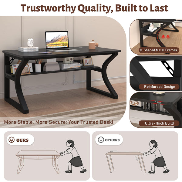 Computer Desk with Storage Shelf & C-Shaped Metal Frame