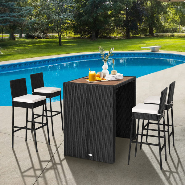 5-Piece Outdoor Wicker Bar Set with Acacia Wood Table & 4 Bar Stools