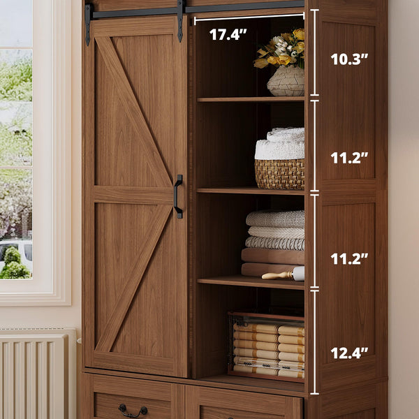 Sliding Barn Door Wardrobe with 4 Drawers & Hanging Rod — 71" Tall Bedroom Armoire