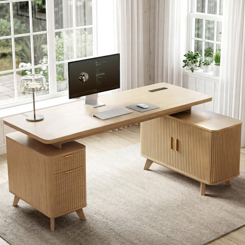 L-Shaped Farmhouse Executive Desk with Storage & Power Outlets
