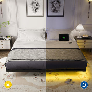 King Size Floating Metal Bed Frame with LED Light & Charging Station