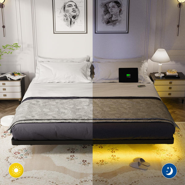 King Size Floating Metal Bed Frame with LED Light & Charging Station