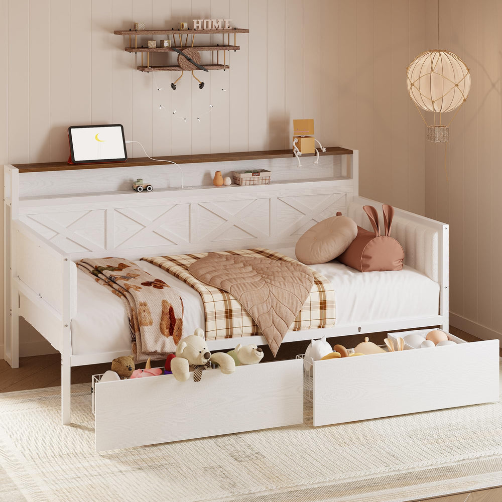 Twin Size Farmhouse Daybed with Storage Drawers & Charging Station