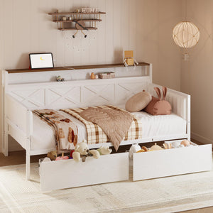 Twin Size Farmhouse Daybed with Storage Drawers & Charging Station
