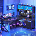 L-Shaped Gaming Desk with Bookshelf, LED Light & Storage Drawers