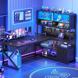 L-Shaped Gaming Desk with Bookshelf, LED Light & Storage Drawers