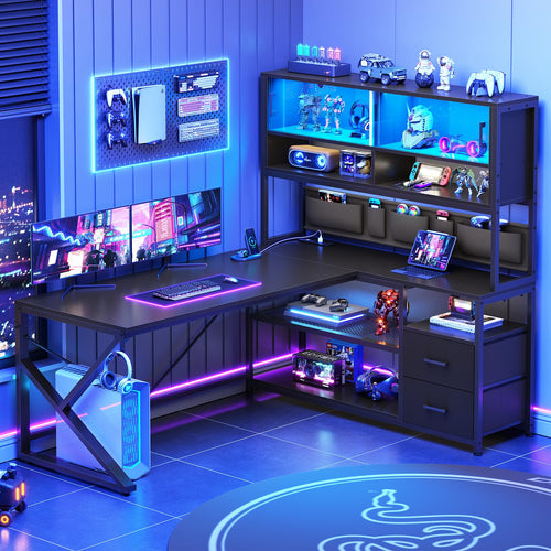 L-Shaped Gaming Desk with Bookshelf, Glass Cabinet, LED Lights, Drawers & Power Strip