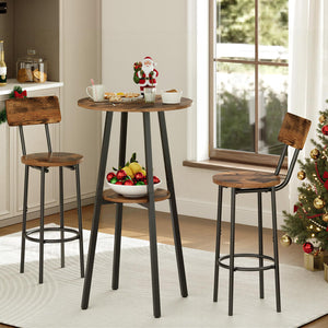 3-Piece Industrial Bar Table & Stools Set — Round Pub Table with 2 Bar Chairs