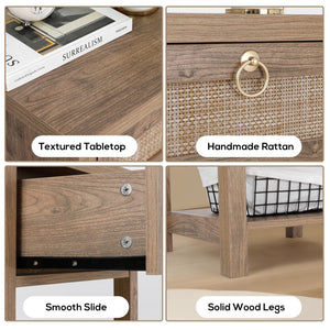 Rattan Farmhouse Nightstand Set of 2 with Drawer and Open Shelf