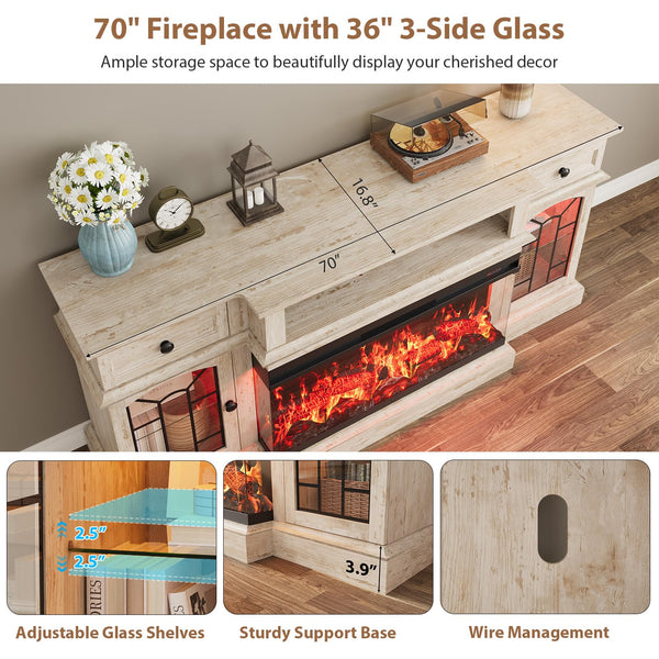 70" Electric Fireplace TV Stand with 3-Sided Glass Insert, Storage Cabinets & Open Shelf