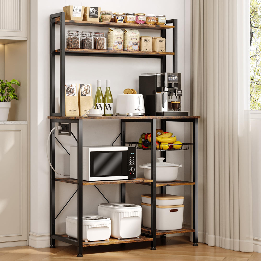 Bakers Rack with Power Outlet, Wire Basket & Coffee Bar