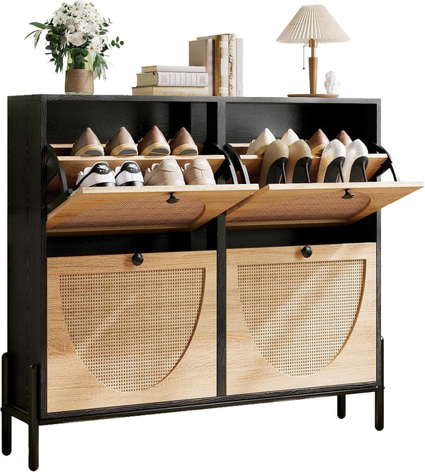Rattan Shoe Cabinet with 4 Flip Drawers