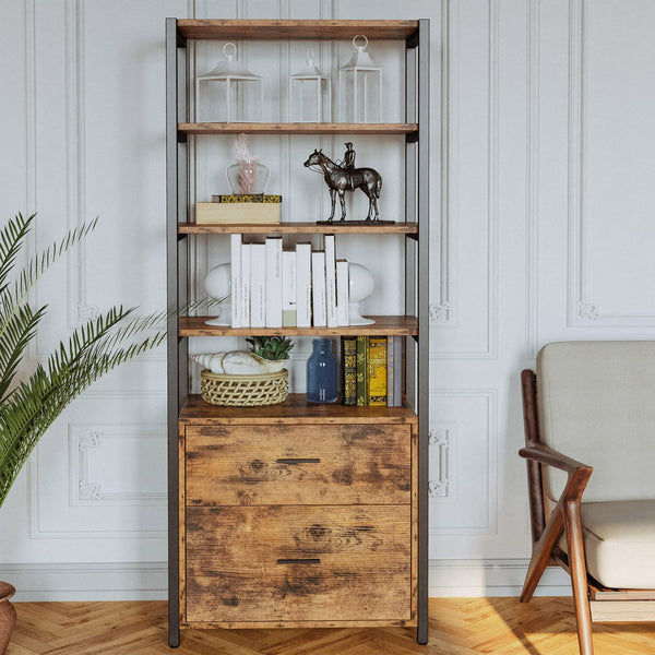 Industrial Bookcase with File Cabinet Drawers, 5-Tier, 71.6"