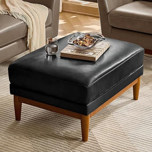Genuine Leather Ottoman Coffee Table with Solid Wood Legs