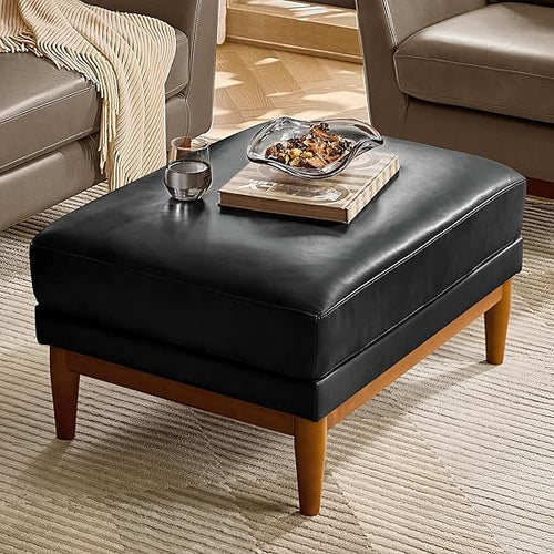 Genuine Leather Ottoman Coffee Table with Solid Wood Legs