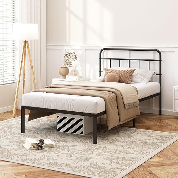 Metal Platform Bed Frame with Minimalist Headboard – 12 Inch Clearance