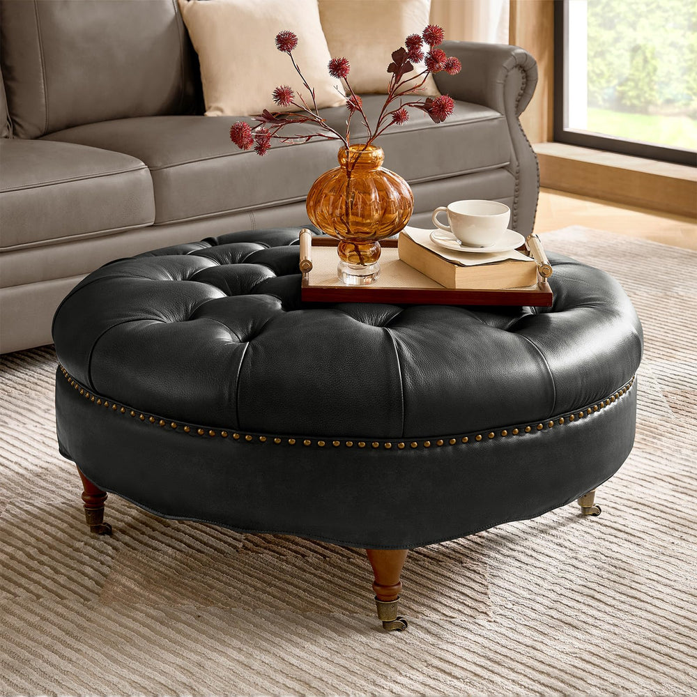 40" Round Leather Ottoman Coffee Table