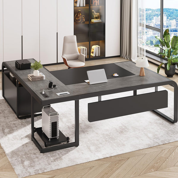 61 Inch L-Shaped Executive Desk with File Drawer, Power Outlets & CPU Stand