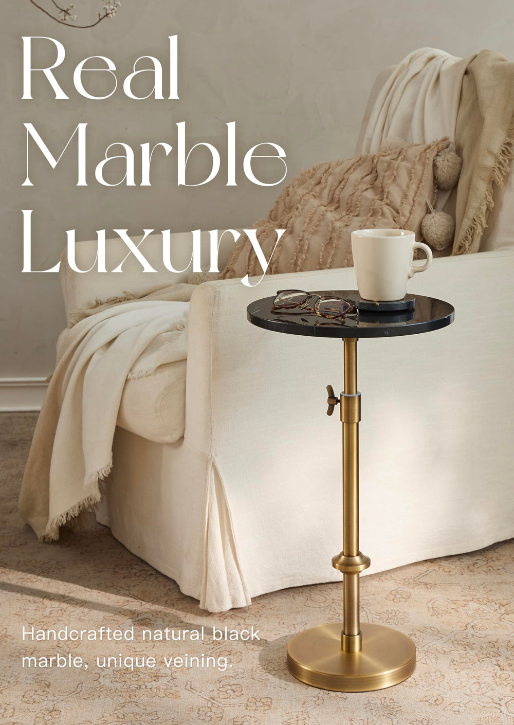 Adjustable Height Marble Side Table with Pedestal Stand