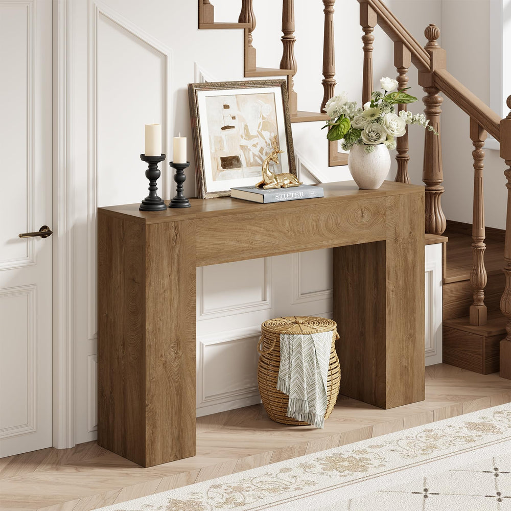 43-Inch Console Table with Double Wooden Base – Oak Brown