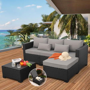 3-Piece Outdoor Wicker Patio Sectional Set with Ottoman & Storage Table