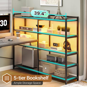 Corner Computer Desk with Power Outlet, LED Lights & Storage Shelves
