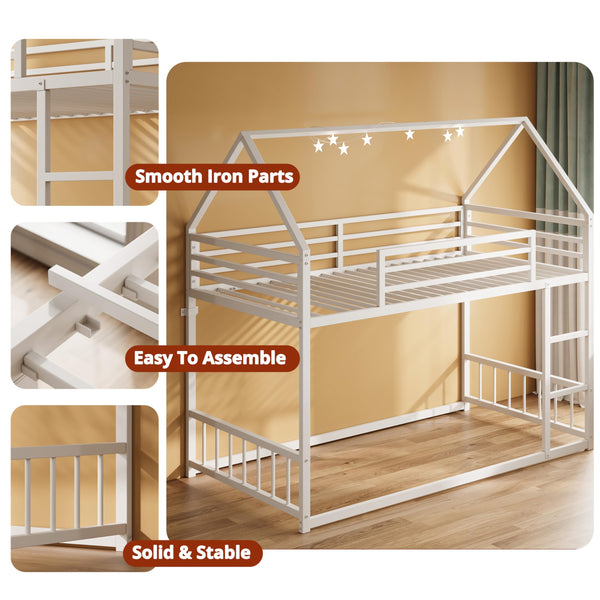 Twin XL Over Twin XL Metal Bunk Bed – House Shaped with Ladder & Guardrail