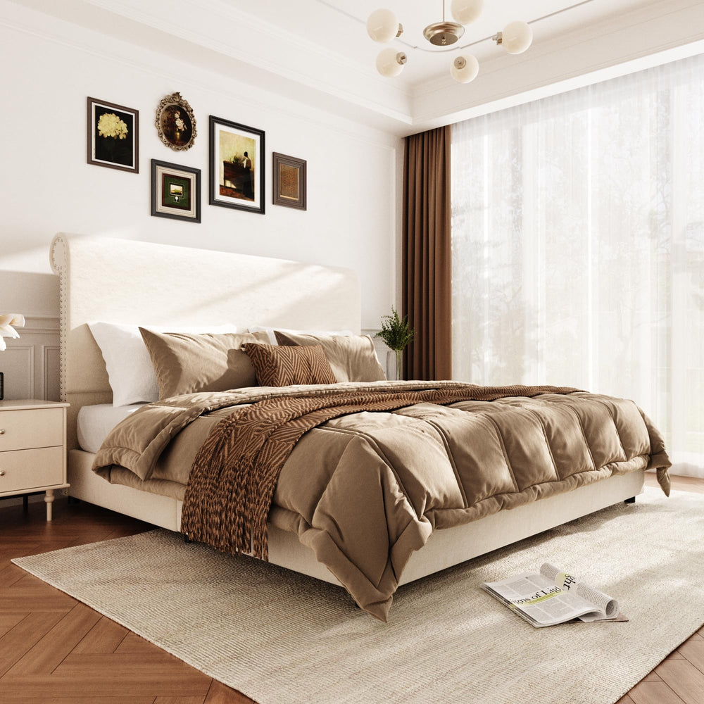 Queen Velvet Sleigh Bed Frame with Tall Headboard