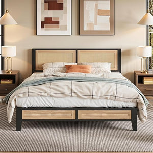 Boho Platform Bed Frame with Rattan Headboard & Underbed Storage