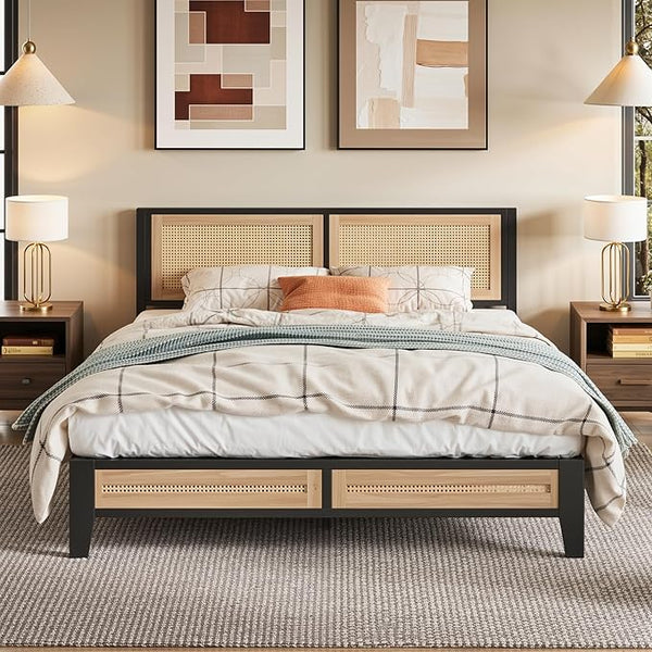 Boho Platform Bed Frame with Rattan Headboard & Underbed Storage