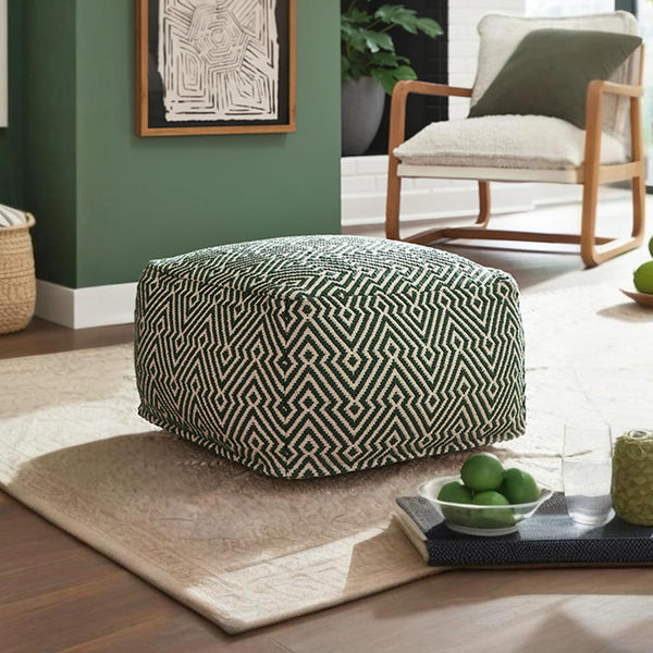 Green & Beige Geometric Handwoven Cotton Pouf Ottoman