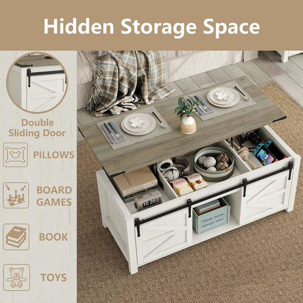 Lift Top Coffee Table with Storage & Sliding Barn Doors, Farmhouse