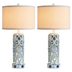 Coastal Vintage Table Lamp Set of 2 with USB Ports & Nightlight