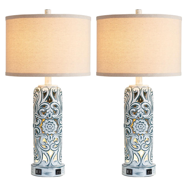 Coastal Vintage Table Lamp Set of 2 with USB Ports & Nightlight