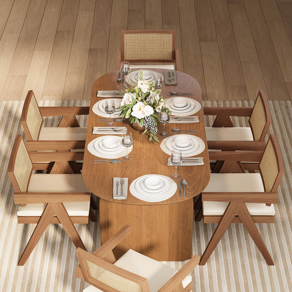 Japandi Oval Dining Table – Solid Pine Wood, Walnut Top