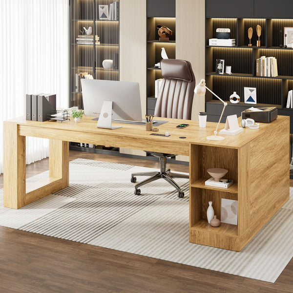 L-Shaped Executive Desk with Drawers, File Cabinet & Power Outlet – Walnut